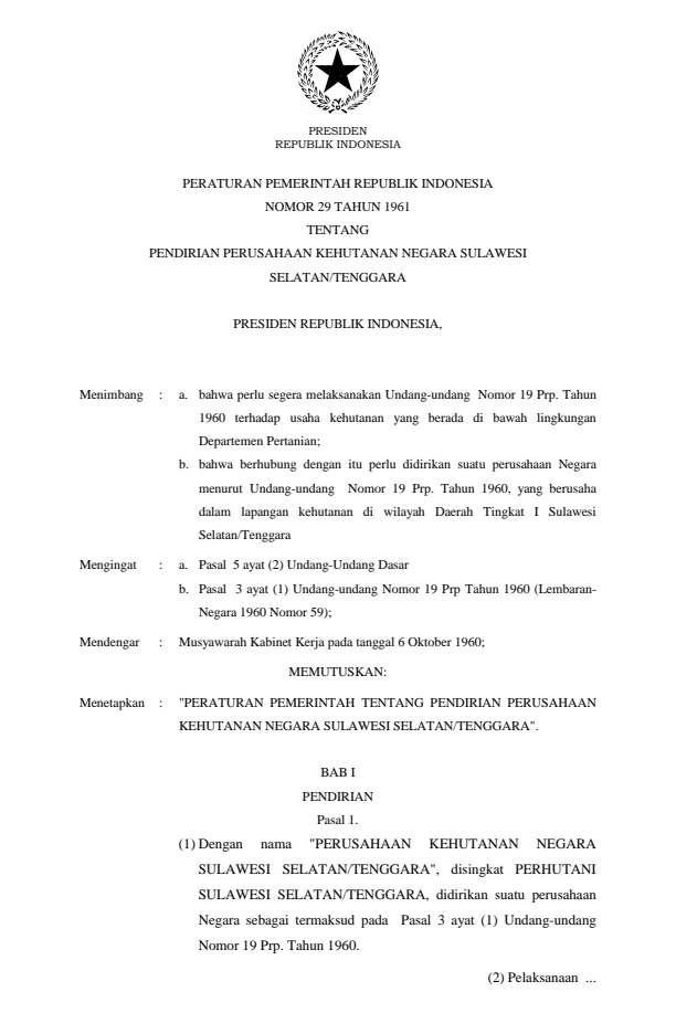 Peraturan Pemerintah Nomor 29 Tahun 1961