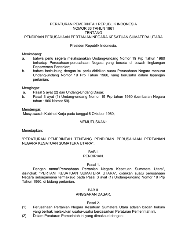 Peraturan Pemerintah Nomor 33 Tahun 1961