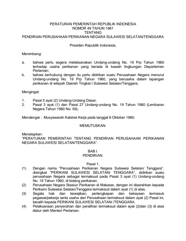 Peraturan Pemerintah Nomor 49 Tahun 1961