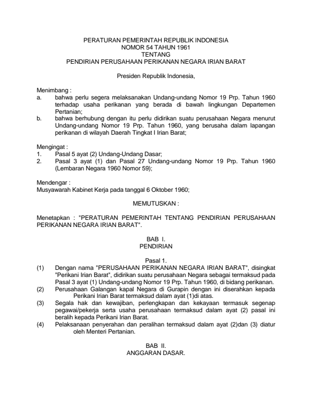 Peraturan Pemerintah Nomor 54 Tahun 1961