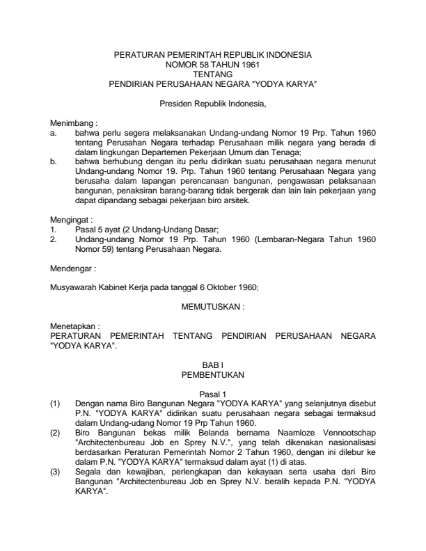 Peraturan Pemerintah Nomor 58 Tahun 1961