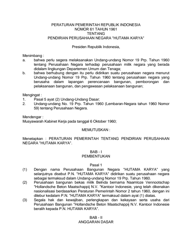 Peraturan Pemerintah Nomor 61 Tahun 1961