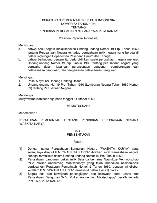 Peraturan Pemerintah Nomor 62 Tahun 1961