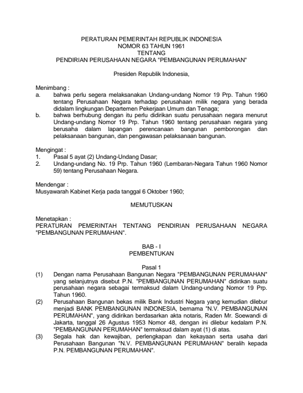 Peraturan Pemerintah Nomor 63 Tahun 1961