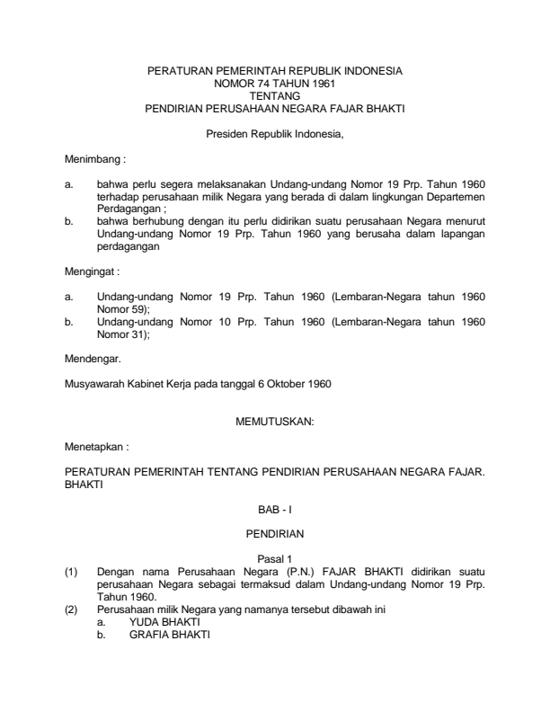 Peraturan Pemerintah Nomor 74 Tahun 1961