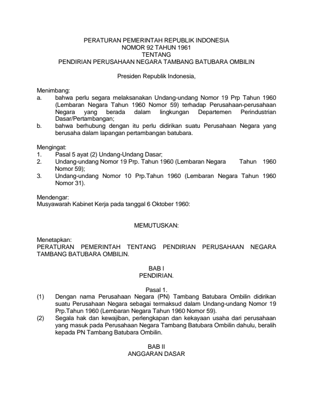 Peraturan Pemerintah Nomor 92 Tahun 1961