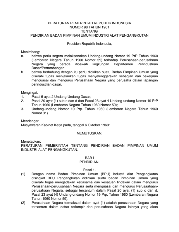 Peraturan Pemerintah Nomor 98 Tahun 1961