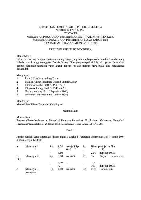 Peraturan Pemerintah Nomor 39 Tahun 1963