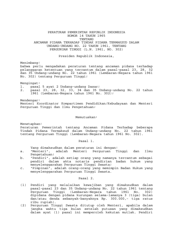 Peraturan Pemerintah Nomor 14 Tahun 1965