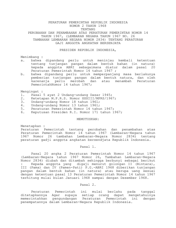 Peraturan Pemerintah Nomor 2 Tahun 1968