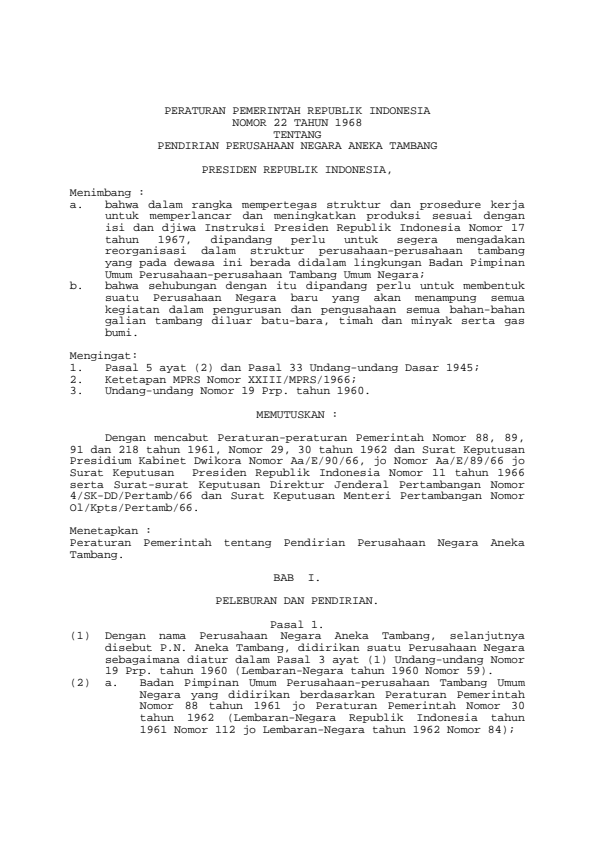 Peraturan Pemerintah Nomor 22 Tahun 1968