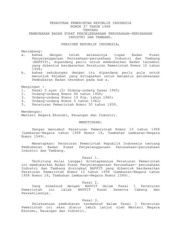 Peraturan Pemerintah Nomor 37 Tahun 1968