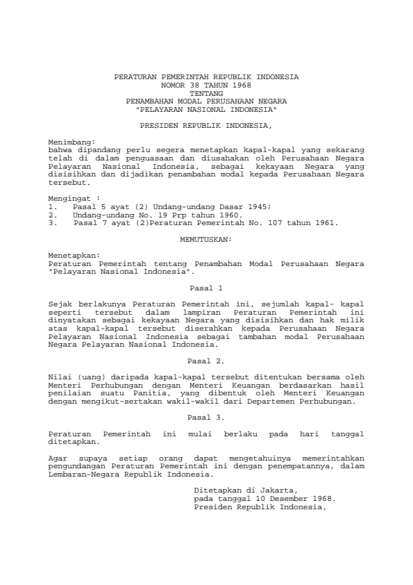 Peraturan Pemerintah Nomor 38 Tahun 1968