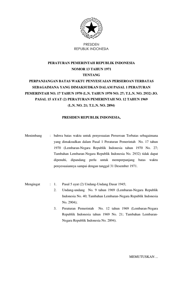 Peraturan Pemerintah Nomor 13 Tahun 1971