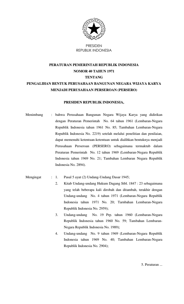 Peraturan Pemerintah Nomor 40 Tahun 1971