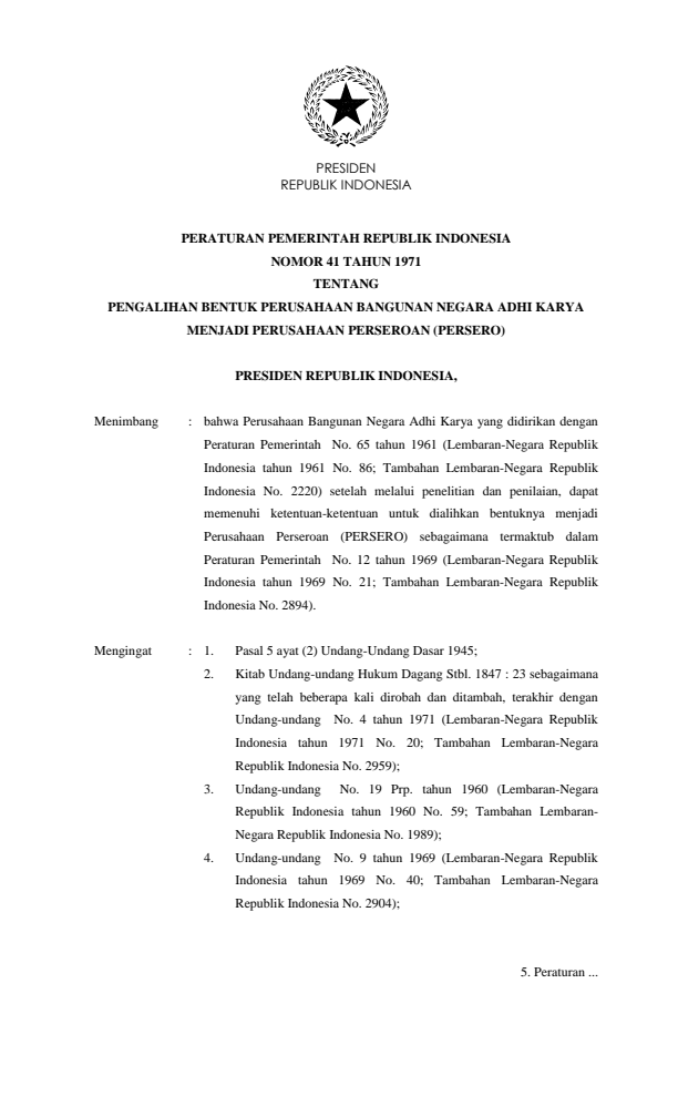 Peraturan Pemerintah Nomor 41 Tahun 1971