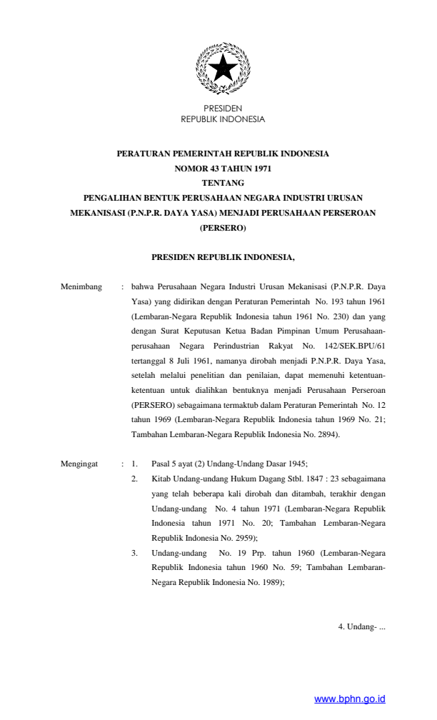 Peraturan Pemerintah Nomor 43 Tahun 1971