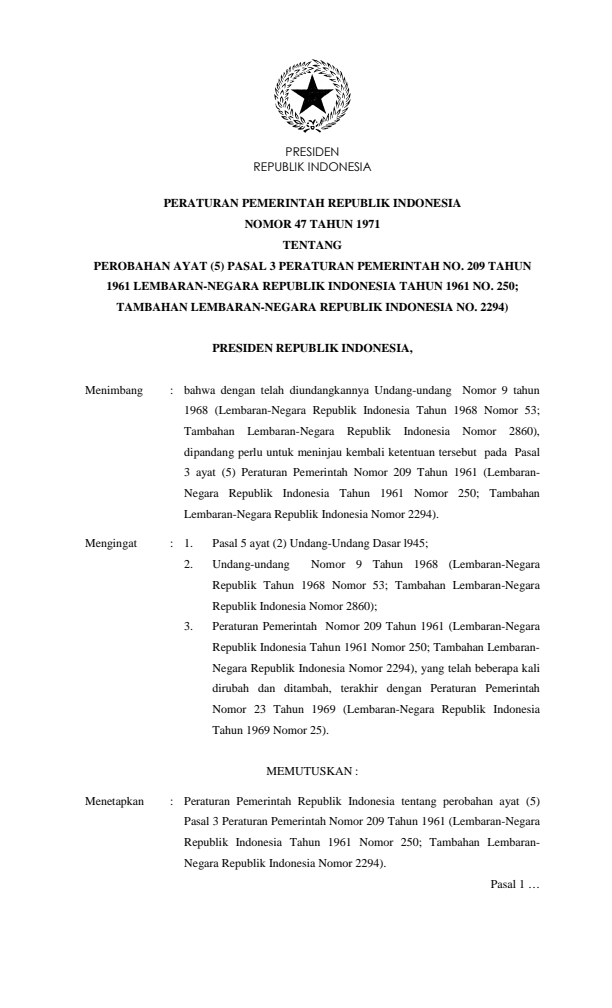 Peraturan Pemerintah Nomor 47 Tahun 1971