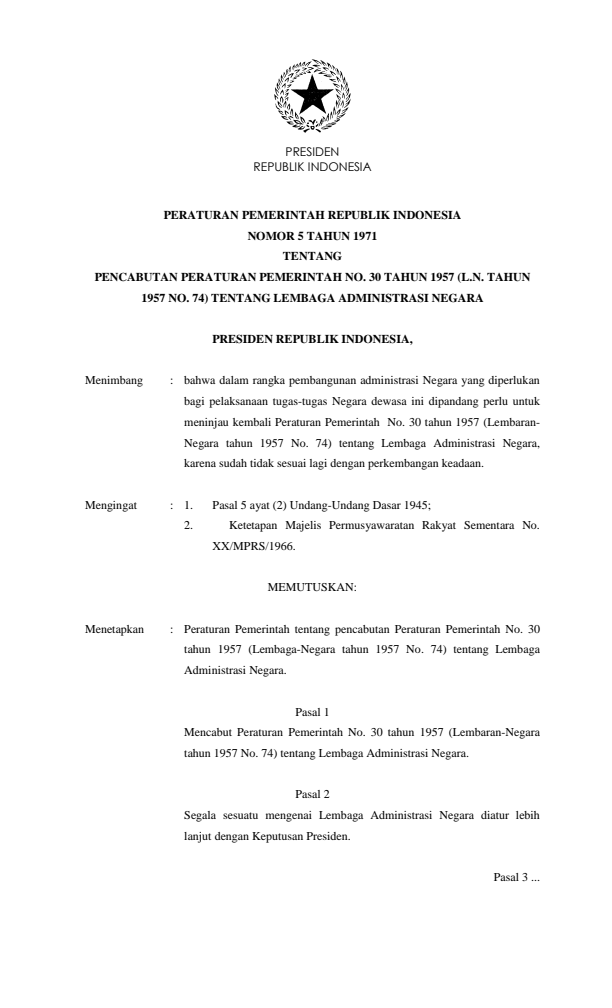 Peraturan Pemerintah Nomor 5 Tahun 1971