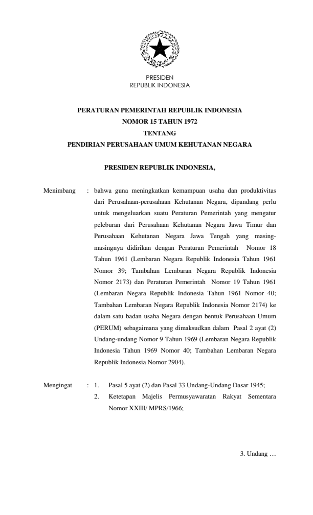 Peraturan Pemerintah Nomor 15 Tahun 1972