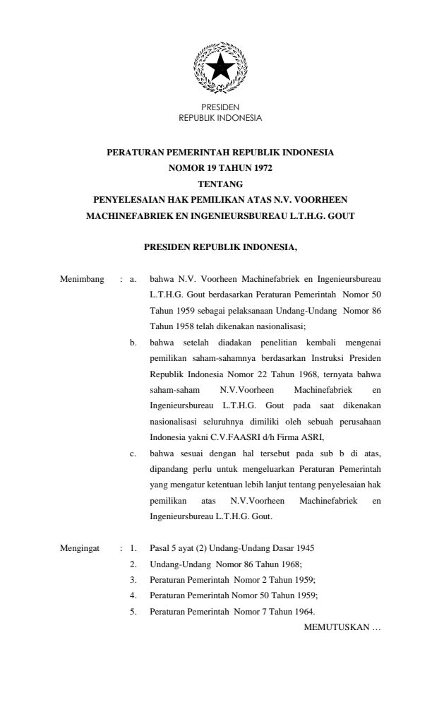 Peraturan Pemerintah Nomor 19 Tahun 1972