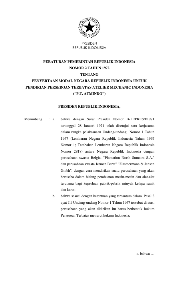 Peraturan Pemerintah Nomor 2 Tahun 1972