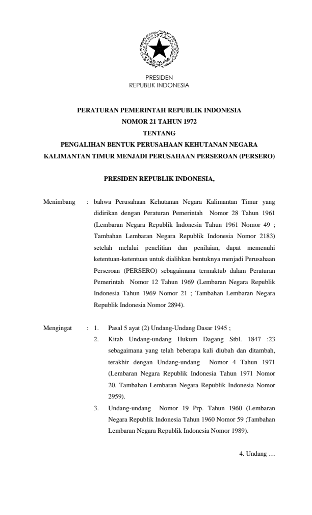 Peraturan Pemerintah Nomor 21 Tahun 1972