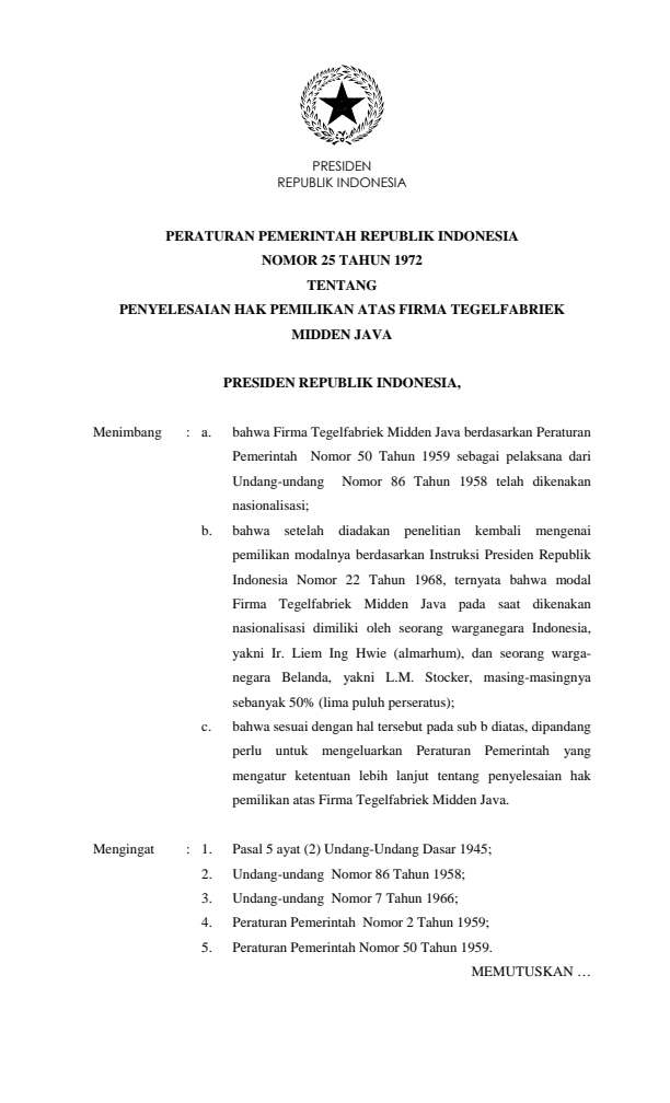 Peraturan Pemerintah Nomor 25 Tahun 1972