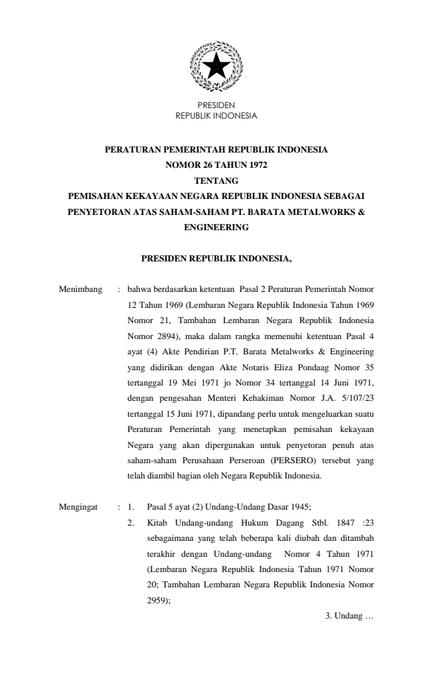 Peraturan Pemerintah Nomor 26 Tahun 1972