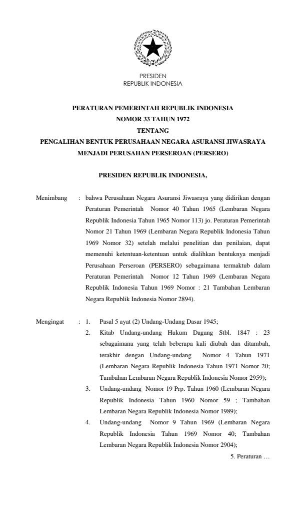 Peraturan Pemerintah Nomor 33 Tahun 1972