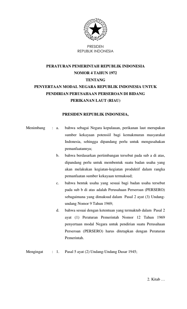 Peraturan Pemerintah Nomor 4 Tahun 1972