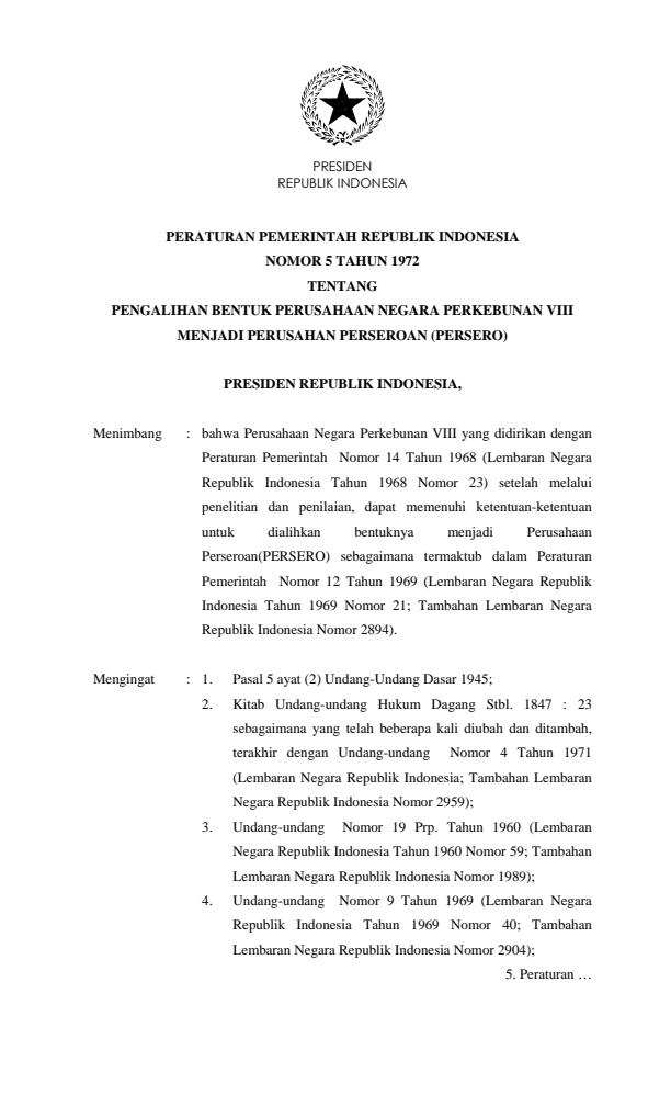 Peraturan Pemerintah Nomor 5 Tahun 1972