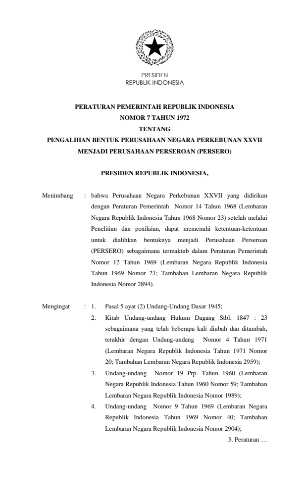 Peraturan Pemerintah Nomor 7 Tahun 1972