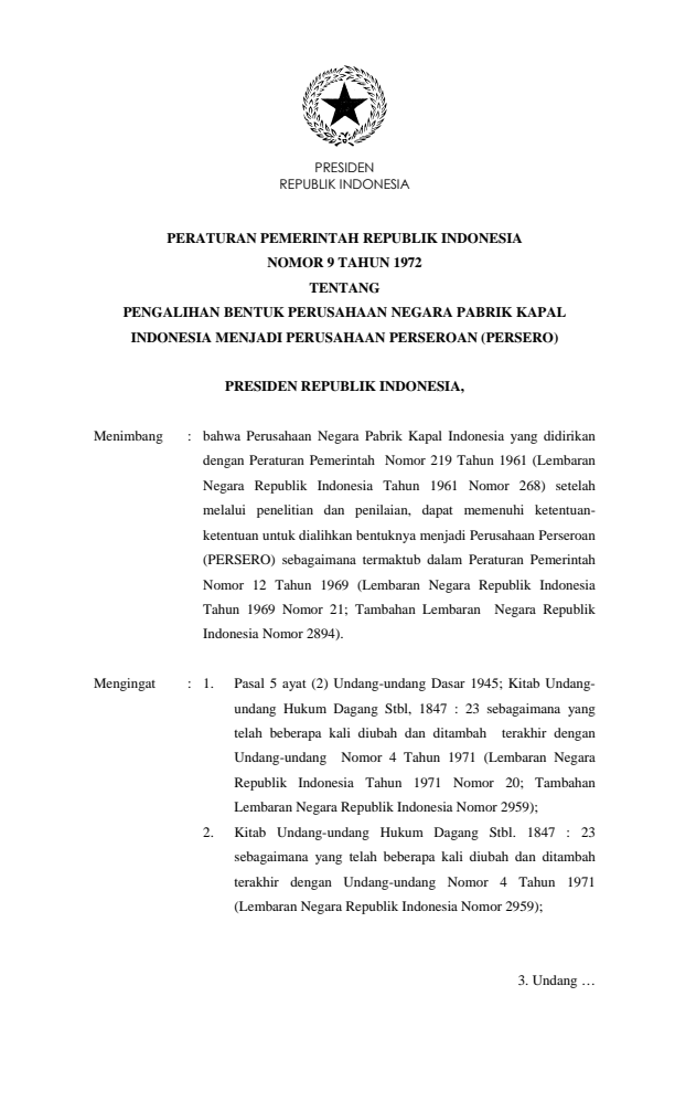 Peraturan Pemerintah Nomor 9 Tahun 1972