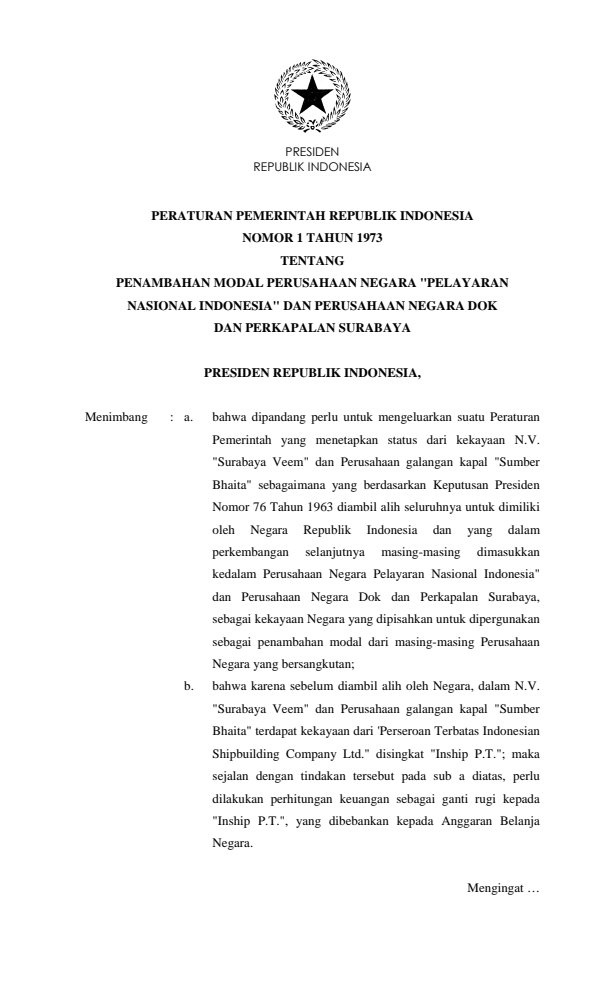 Peraturan Pemerintah Nomor 1 Tahun 1973