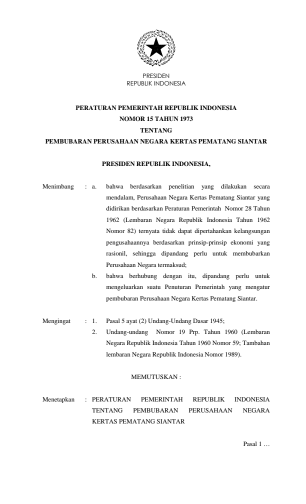 Peraturan Pemerintah Nomor 15 Tahun 1973