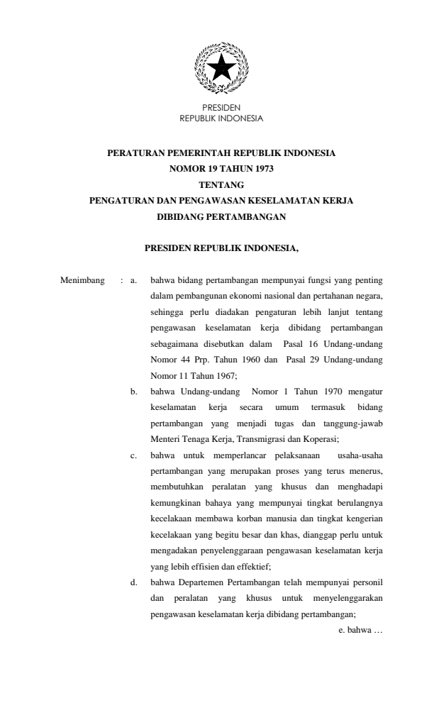 Peraturan Pemerintah Nomor 19 Tahun 1973