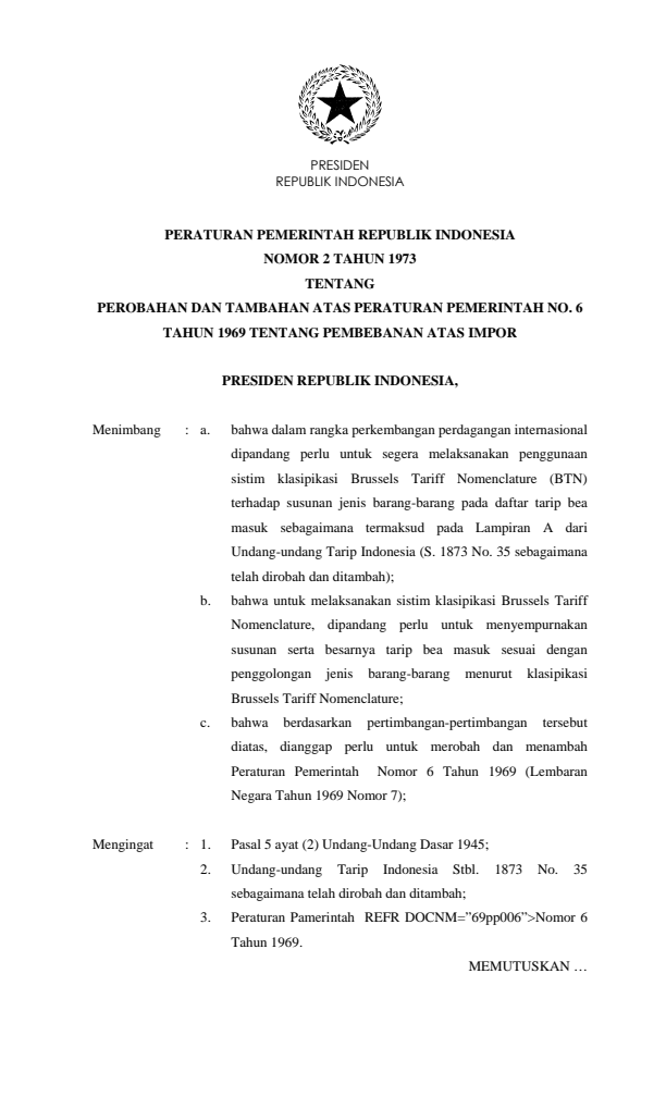 Peraturan Pemerintah Nomor 2 Tahun 1973