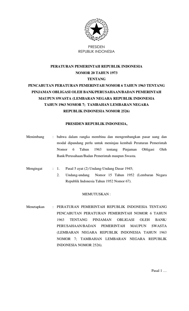 Peraturan Pemerintah Nomor 20 Tahun 1973