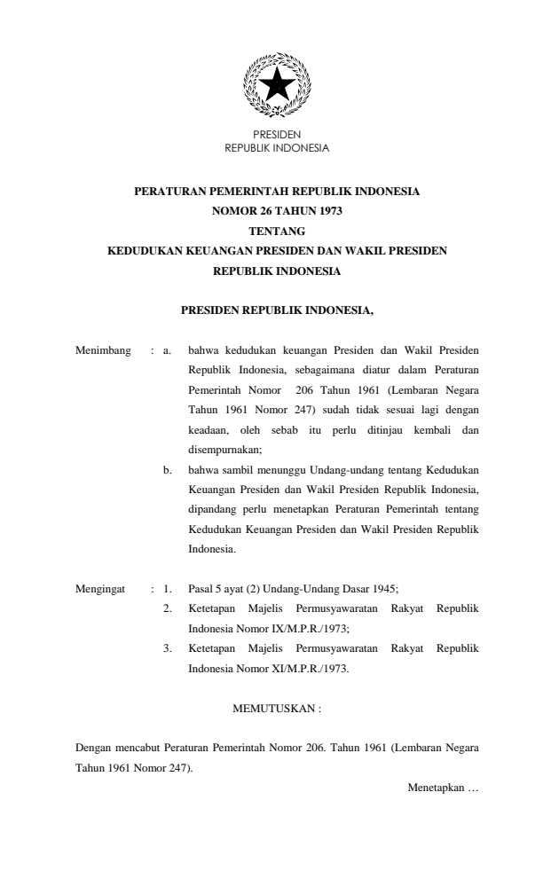 Peraturan Pemerintah Nomor 26 Tahun 1973