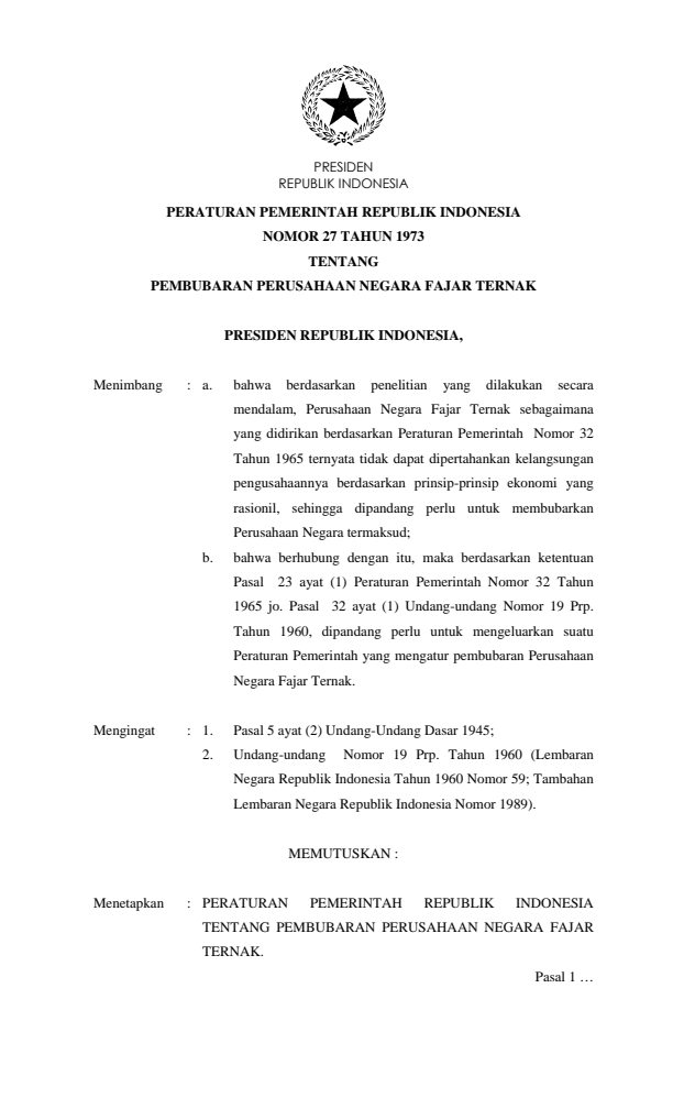 Peraturan Pemerintah Nomor 27 Tahun 1973