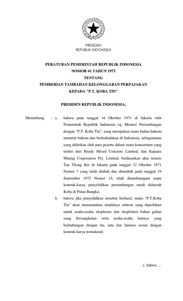 Peraturan Pemerintah Nomor 41 Tahun 1973