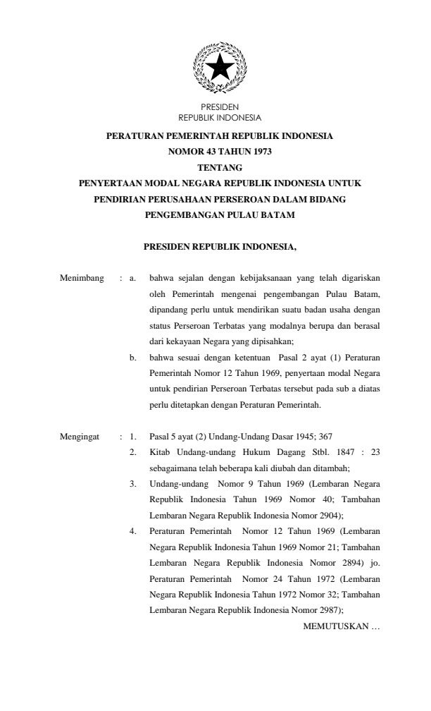 Peraturan Pemerintah Nomor 43 Tahun 1973