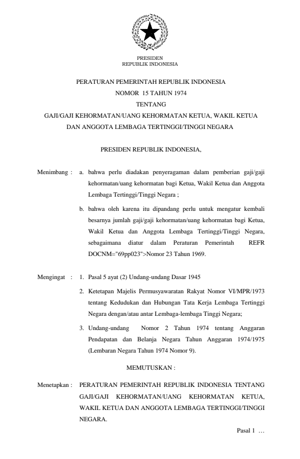 Peraturan Pemerintah Nomor 15 Tahun 1974