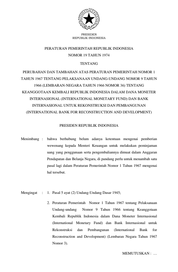 Peraturan Pemerintah Nomor 19 Tahun 1974