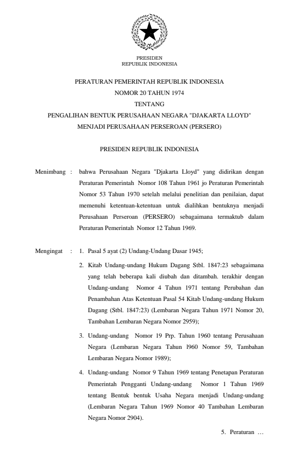 Peraturan Pemerintah Nomor 20 Tahun 1974