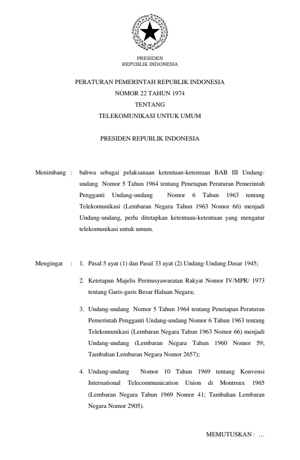 Peraturan Pemerintah Nomor 22 Tahun 1974