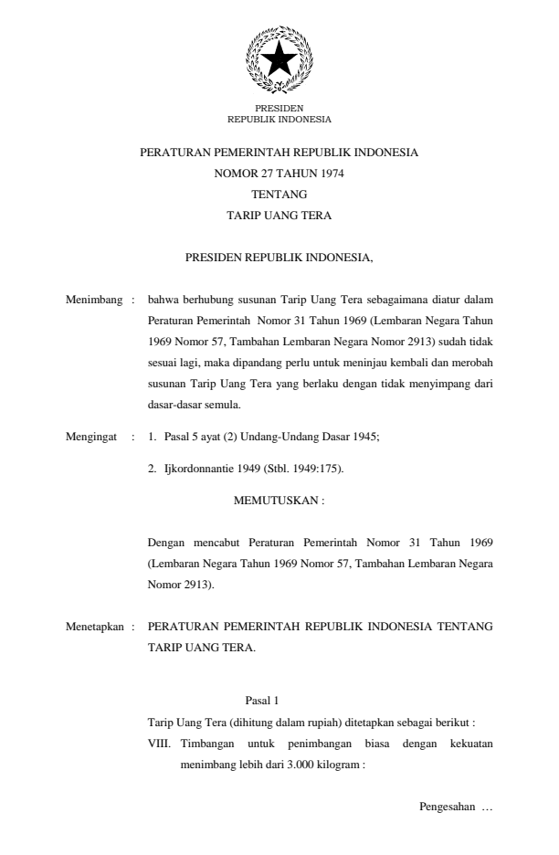 Peraturan Pemerintah Nomor 27 Tahun 1974