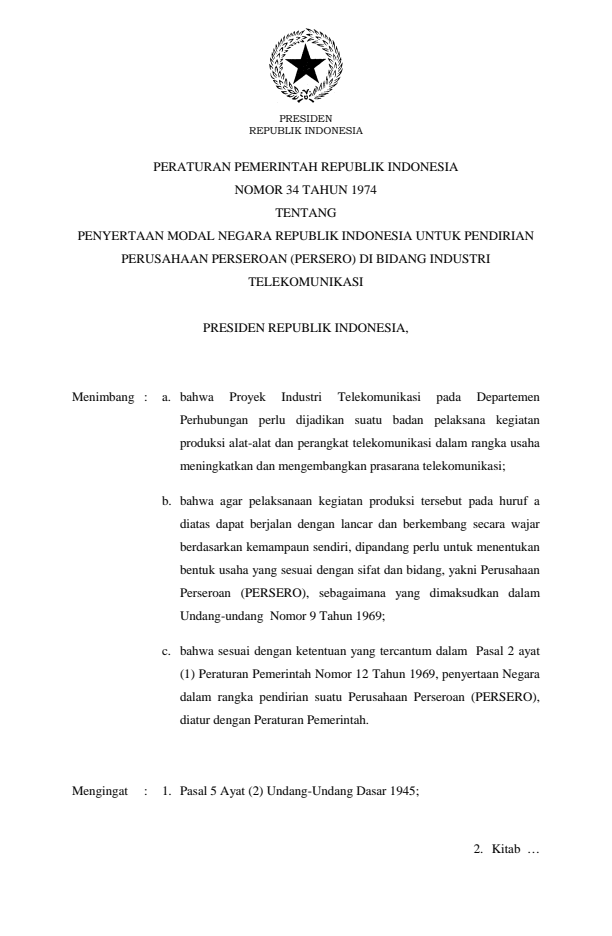 Peraturan Pemerintah Nomor 34 Tahun 1974