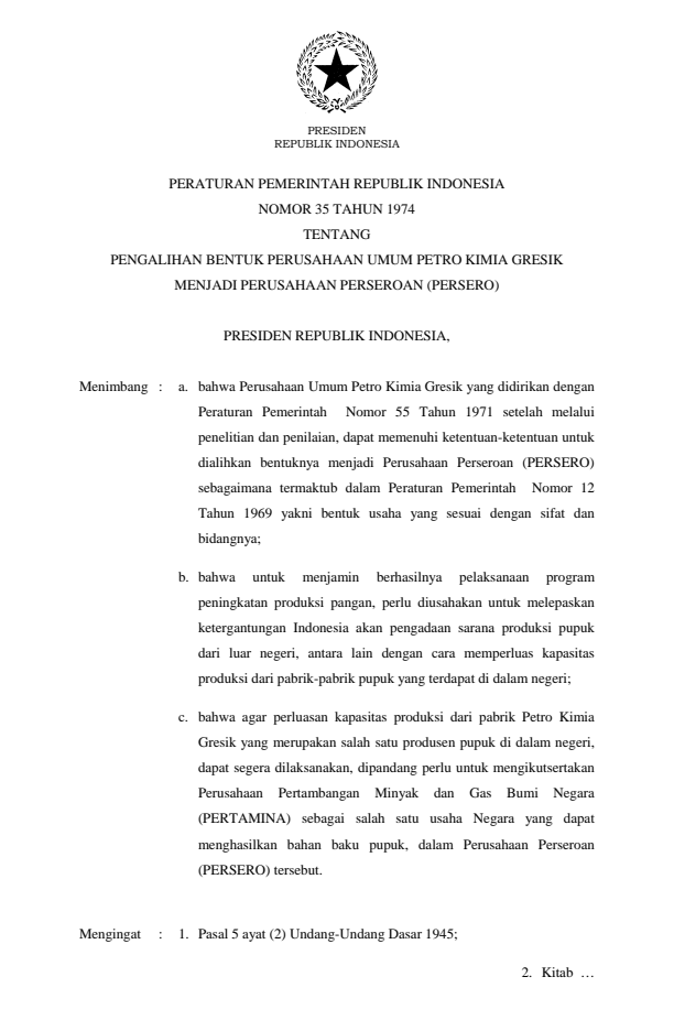 Peraturan Pemerintah Nomor 35 Tahun 1974